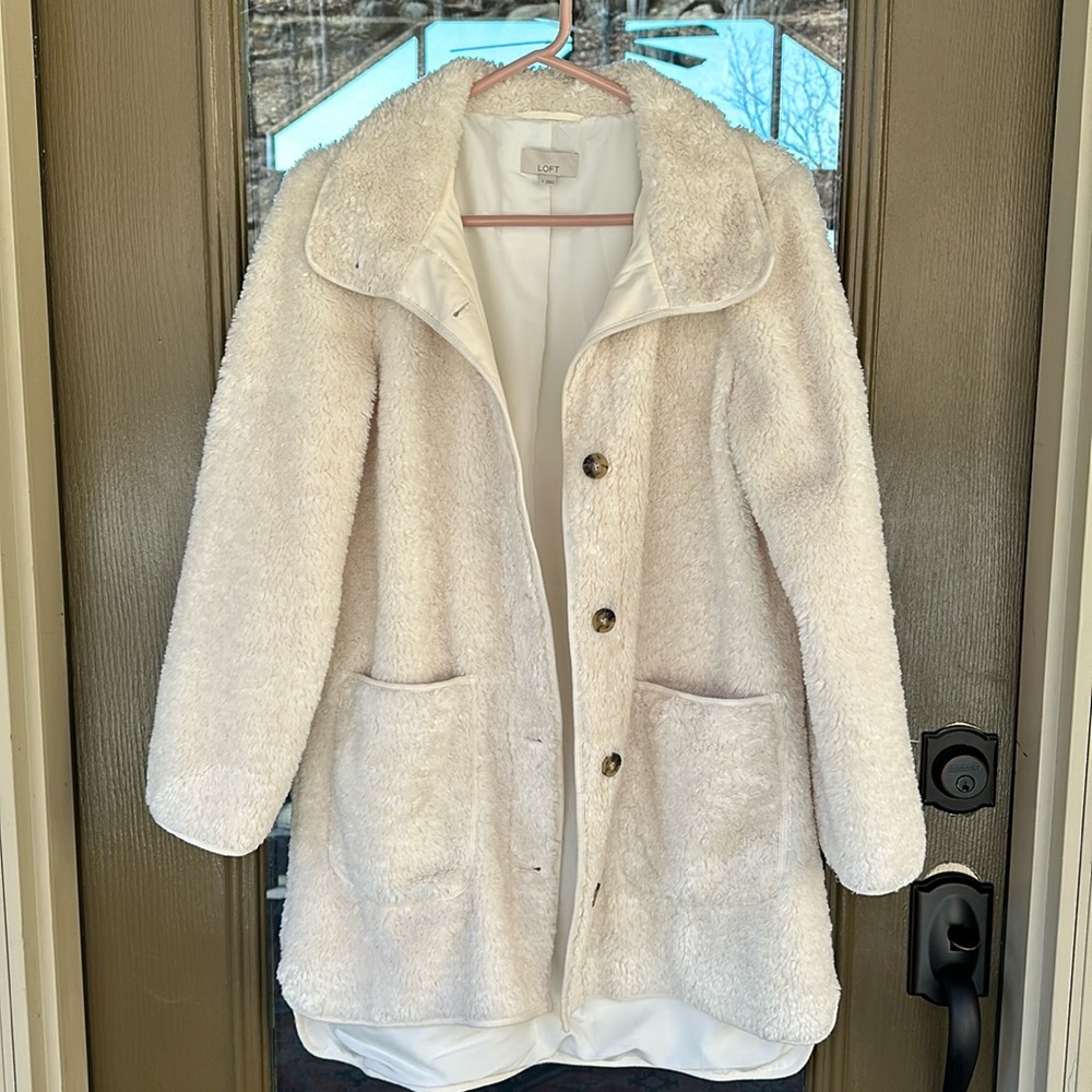 Loft Sherpa funnel coat. 31 1/2 “ long in front; additional 3 inches in back.